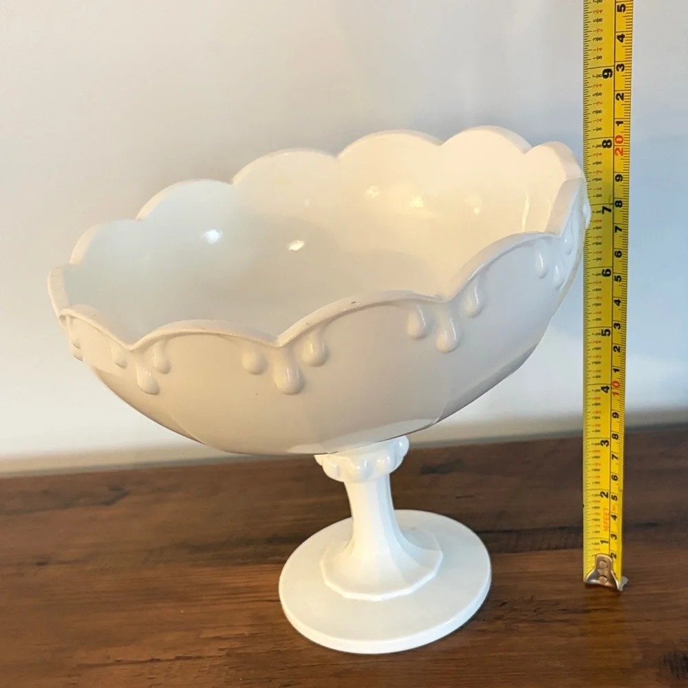 White Ceramic Pedestal Bowl | Farmhouse Decor | Scalloped Edge Compote Dish - Picture 5 of 5